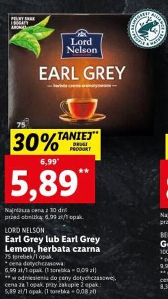 Lidl Lord Nelson Earl Grey lub Earl Grey Lemon, herbata czarna 75 torebek oferta