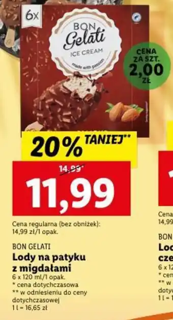 Lidl Bon Gelati Lody na patyku z migdałami 6x120ml oferta