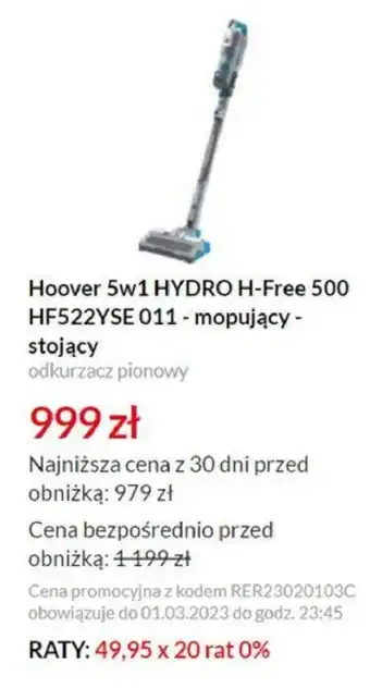 RTV EURO AGD Hoover 5w1 Hydro H-Free 500 HF522YSE odkurzacz pionowy oferta