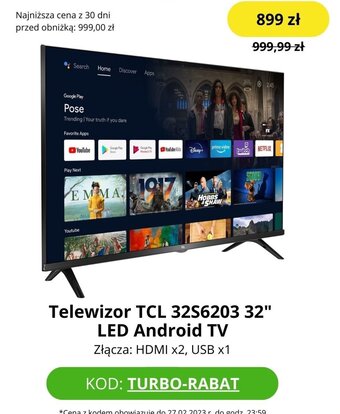Media Expert TCL 32S6203 32" LED Android TV Telewizor oferta