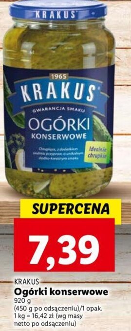 Lidl Krakus ogórki konserwowe 920g oferta