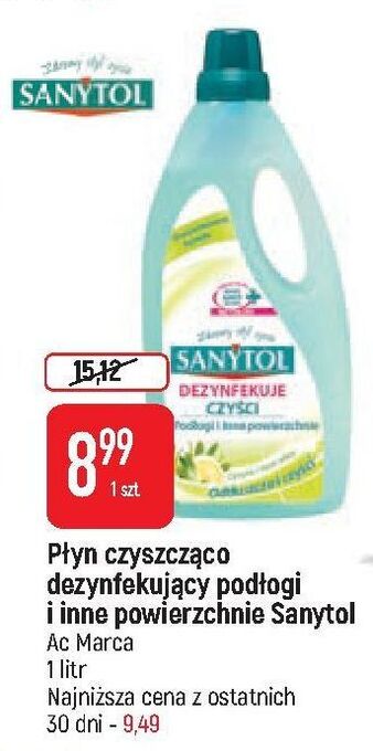 E.Leclerc Płyn dezynfekujący i czyszczący podłodi inne powierzchnie cytrynowy sanytol oferta