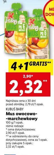 Lidl Mus po 6 msc jabłko-brzoskwinia-marchew-banan kubuś baby oferta