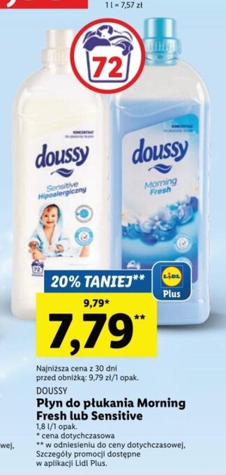 Lidl Doussy Płyn do płukania Morning Fresh lub Sensitive 1,8l oferta