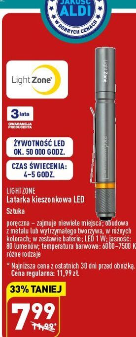 ALDI Latarka kieszonkowa led light zone oferta