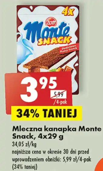 Biedronka Zott Mleczna kanapka Monte Snack, 4x29 g oferta