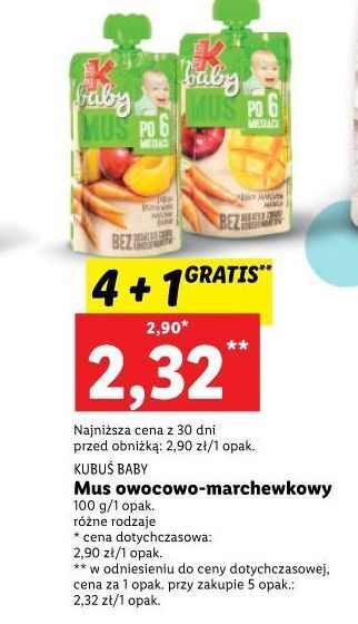 Lidl Mus po 6 msc jabłko-brzoskwinia-marchew-banan kubuś baby oferta