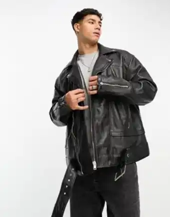 ASOS Bolongaro trevor – czarna, skórzana kurtka typu biker oversize z paskiem oferta