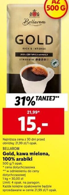 Lidl Bellarom Gold, kawa mielona, 100% arabiki 500g oferta