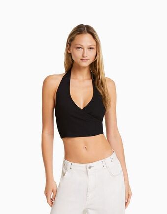 Bershka Prążkowany krótki top z dekoltem halter oferta