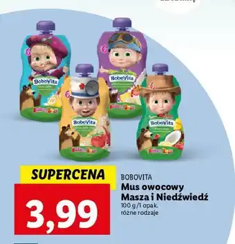 Lidl Mus truskawka jabłko banan i napój owsiany masza & niedźwiedź bobovita oferta