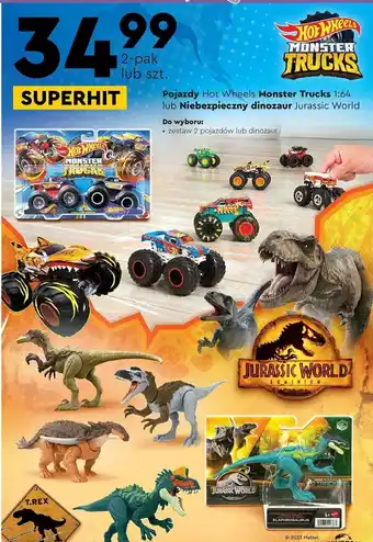 Biedronka HotWheels Pojazdy Hot Wheels Monster Trucks 1:64 lub Niebezpieczny dinozaur Jurassic World oferta