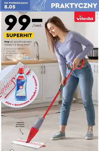 Biedronka Mop 1-2 spray max + płyn vileda nakładka dwustronna vileda oferta