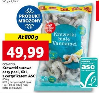 Lidl OCEAN SEA Krewetki surowe easy peel, XXL, z certyfikatem ASC 800 g oferta