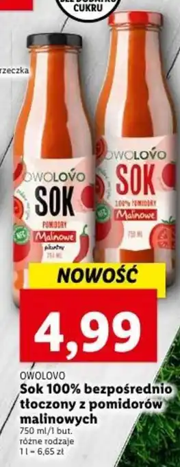 Lidl OWOLOVO Sok 100% bezpośrednio tłoczony z pomidorów malinowych 750ml oferta