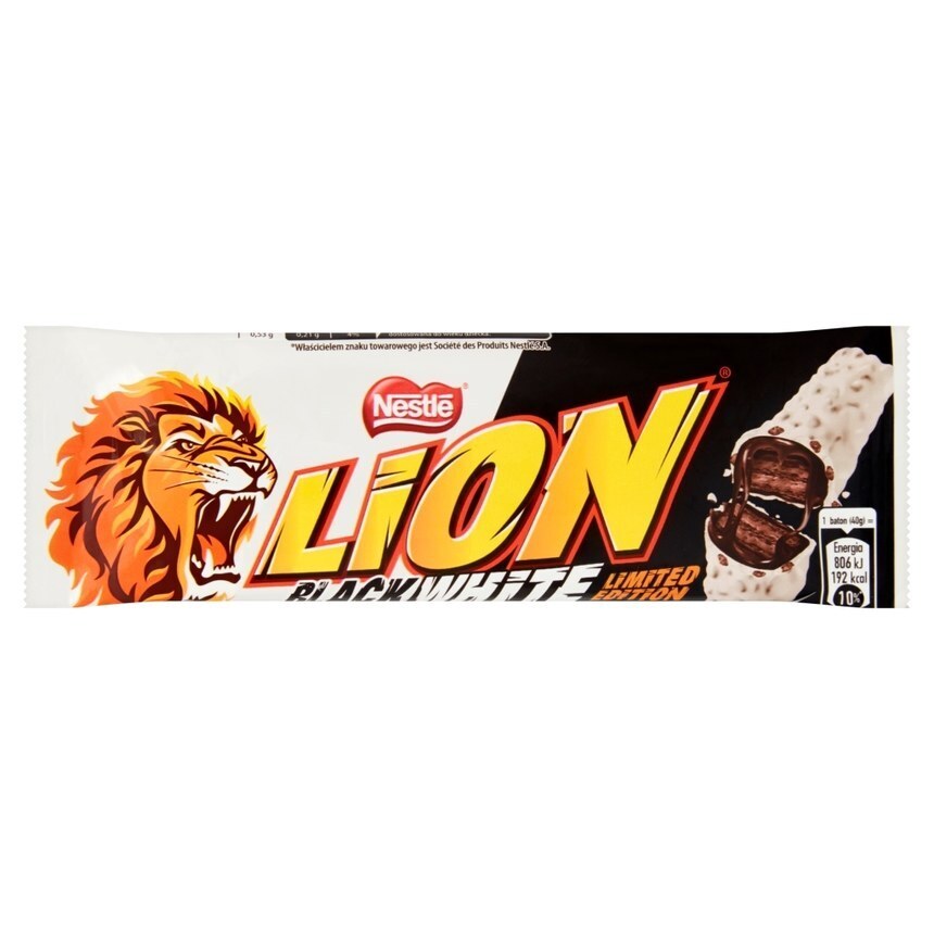 Społem Lion black white nadziewany wafel z karmelem i płatkami pszennymi w białej polewie 40 g oferta