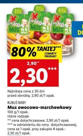 Lidl Mus po 6 msc jabłko-brzoskwinia-marchew-banan kubuś baby oferta