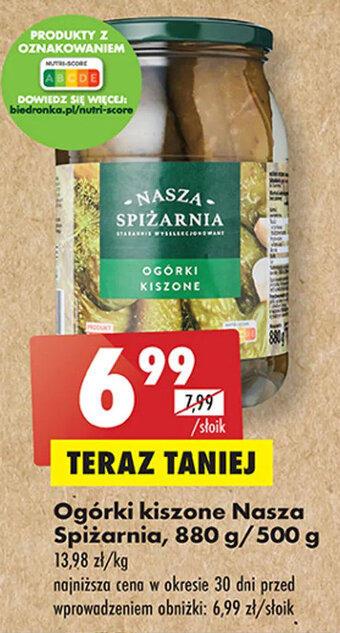 Biedronka Ogórki kiszone Nasza Spiżarnia, 880 g/500 g oferta