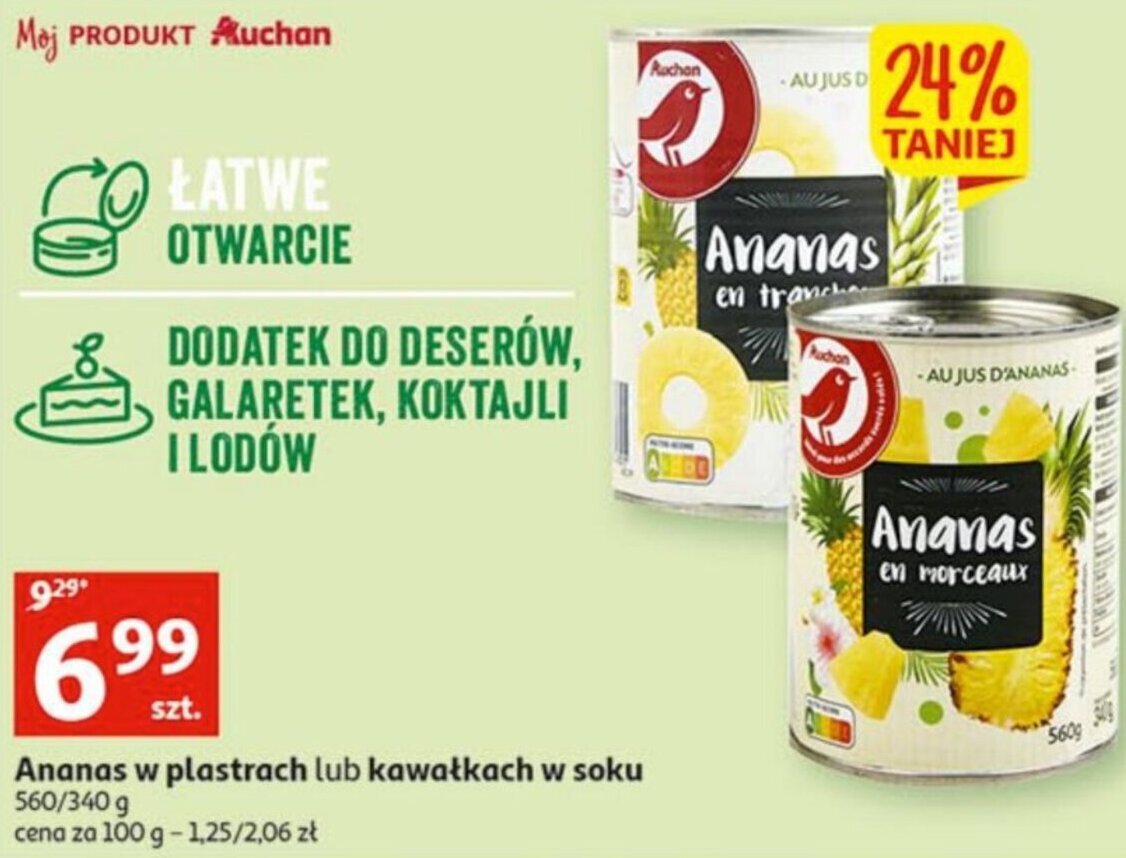 Auchan Ananas w plastrach lub kawałkach w soku 560/340 g oferta