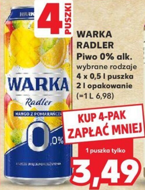 Kaufland WARKA RADLER Piwo 0% alk. wybrane rodzaje 4 x 0,5 l puszka oferta