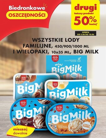 Biedronka WSZYSTKIE LODY FAMILIJNE, 450/900/1000 ML I WIELOPAKI, 10x35 ML, BIG MILK oferta