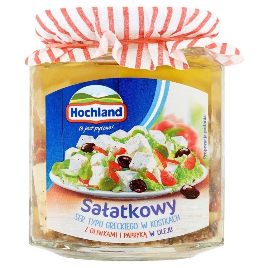 Społem Szczecin Hochland sałatkowy ser typu greckiego w kostkach z oliwkami i papryką w oleju 300 g oferta