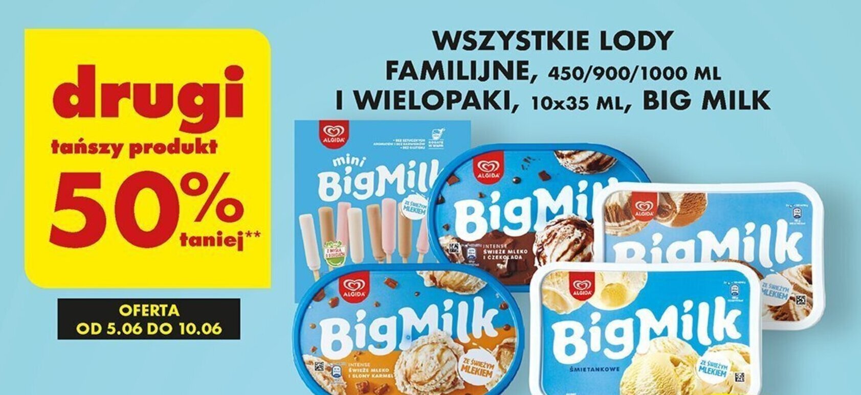 Biedronka WSZYSTKIE LODY FAMILIJNE, 450/900/1000 ML I WIELOPAKI, 10x35 ML, BIG MILK oferta