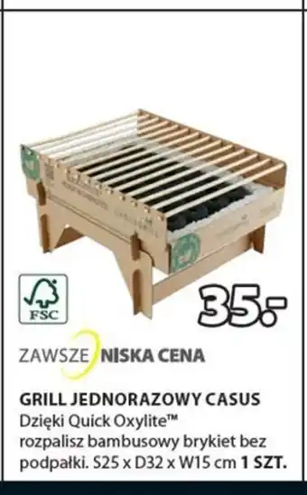 JYSK GRILL JEDNORAZOWY CASUS Dzięki Quick Oxylite™ rozpalisz bambusowy brykiet bez podpałki. S25 x D32 x W15 cm 1 SZT. oferta