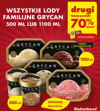 Biedronka WSZYSTKIE LODY FAMILIJNE GRYCAN 500 ml lub 1100 ml oferta