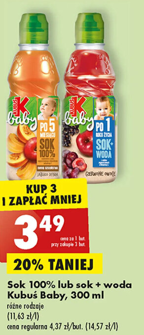Biedronka Sok 100% lub sok + woda Kubuś Baby, 300 ml oferta