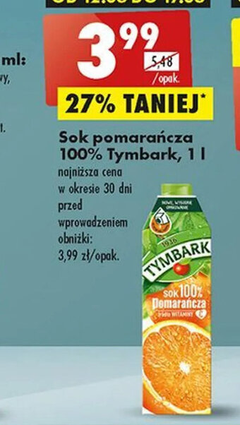 Biedronka Sok pomarańcza 100% Tymbark, 1l oferta
