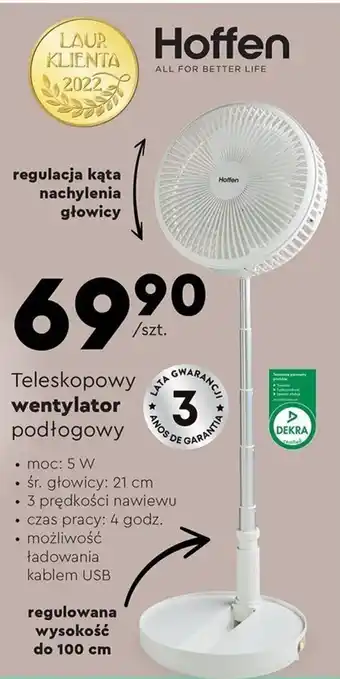 Biedronka Teleskopowy wentylator podłogowy 5 W, śr. głowicy: 21 cm, 1 szt. oferta