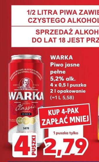 Kaufland WARKA Piwo jasne pełne 5,2% alk. 4 x 0,5 l puszka oferta
