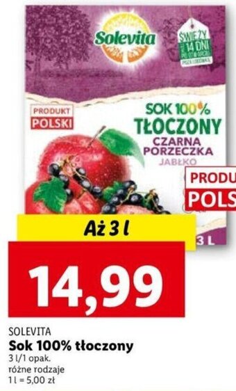 Lidl SOLEVITA Sok 100% tłoczony 3l oferta