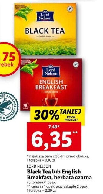 Lidl LORD NELSON Black Tea lub English Breakfast, herbata czarna 75 torebek oferta
