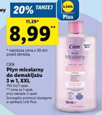 Lidl CIEN Płyn micelarny do demakijażu 3 w 1, XXL 750 ml oferta