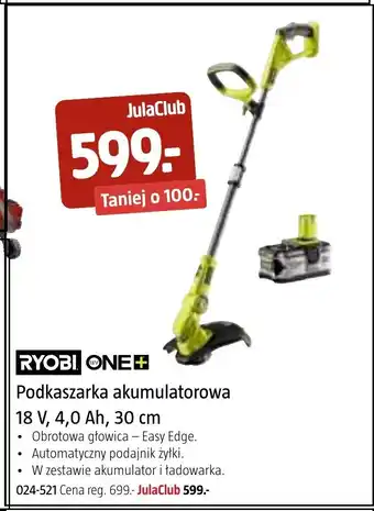 Jula Podkaszarka akumulatorowa 18 V, 4, 0 Ah, 30 cm oferta