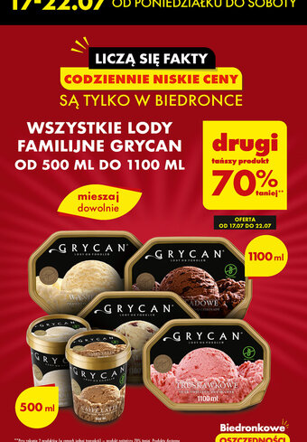 Biedronka WSZYSTKIE LODY FAMILIJNE GRYCAN OD 500 ML DO 1100 ML drugi tańszy produkt 70% taniej oferta