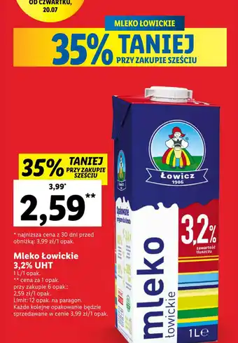 Lidl Mleko Łowickie 3,2% UHT 1 l 35% TANIEJ PRZY ZAKUPIE SZEŚCIU oferta