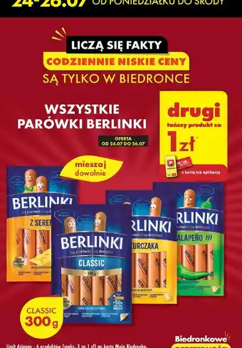Biedronka WSZYSTKIE PARÓWKI BERLINKI drugi tańszy produkt za 1 zł oferta