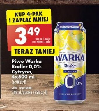 Biedronka Piwo Warka Radler 0,0% Cytryna, 4x500 ml oferta