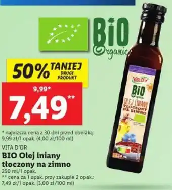 Lidl VITA D'OR BIO Olej lniany tłoczony na zimno 250 ml oferta
