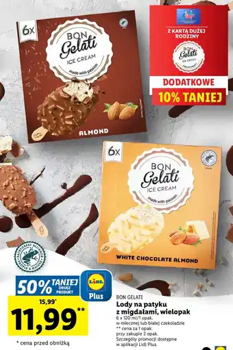 Lidl BON GELATI Lody na patyku z migdałami, wielopak 6 x 120 ml oferta