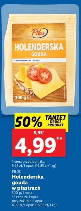 Lidl Pilos Holenderska gouda w plastrach 300 g oferta