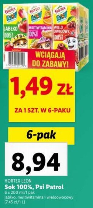 Lidl HORTEX LEON Sok 100%, Psi Patrol 6x200ml oferta