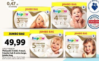 Lidl LUPILU PREMIUM Pieluszki 3 midi, 4 maxi, 5 junior lub 6 extra large, jumbo bag 76-108szt. oferta