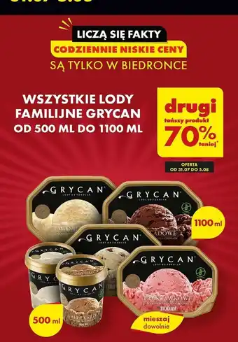 Biedronka WSZYSTKIE LODY FAMILIJNE GRYCAN OD 500 ML DO 1100 ML drugi tańszy produkt 70% taniej oferta