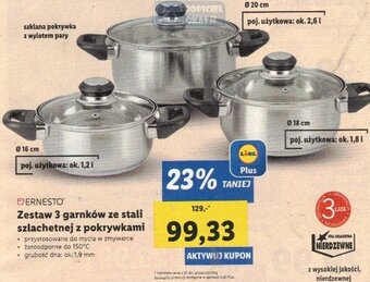 Lidl ERNESTO Zestaw 3 garnków ze stali szlachetnej z pokrywkami oferta