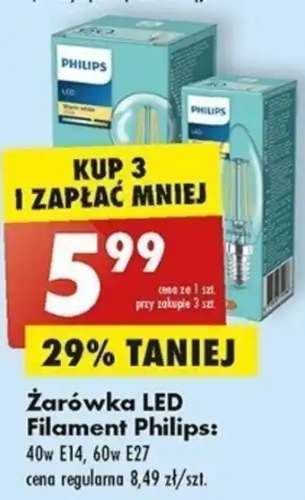 Biedronka Żarówka LED Filament Philips: 40W E14, 60W E27 oferta