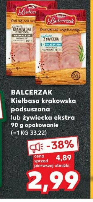 Kaufland BALCERZAK Kiełbasa krakowska podsuszana lub żywiecka ekstra 90 g oferta